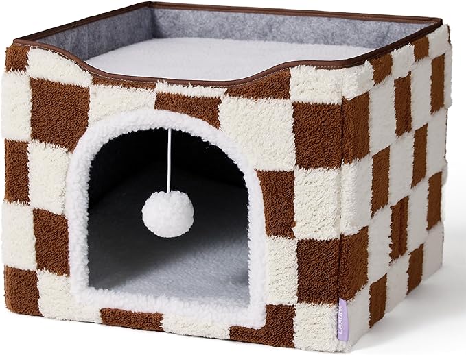 LE SURE Indoor Cat Beds Kitten House - Large Cat Cave for Pet Cube with Fluffy Ball Hanging, Foldable Small Animal Hideaway, 16.5x16.5x13 inches, Brown Checks