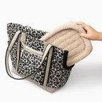 Cleverpup Transit Tote Dog Carrier for Small/Medium Dogs 8-20 lbs, 19x12x9 Soft-Sided 4-Pc Set with Waterproof Base, Plush Insert, Food Pouch, Mesh Head Opening - Medium, Leopard