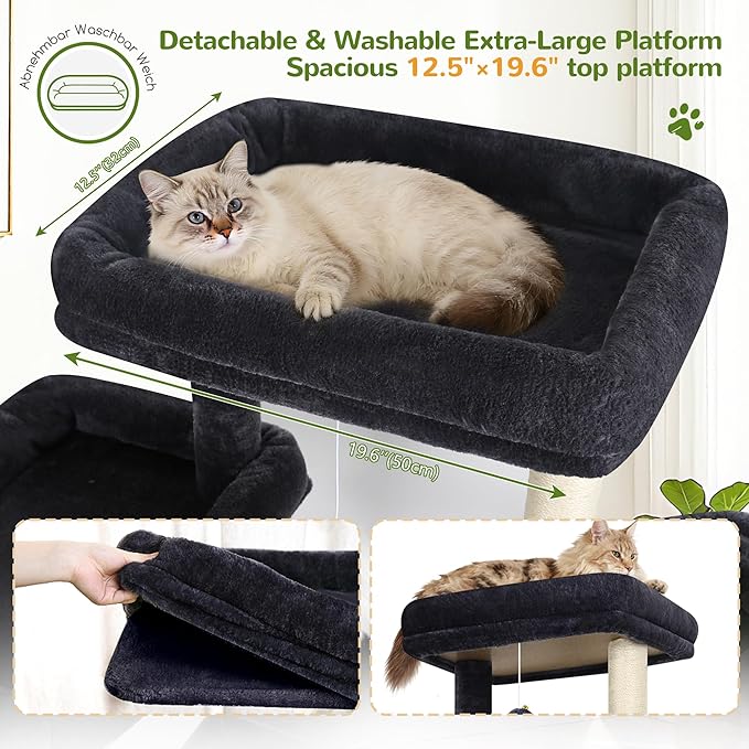 Globlazer 77" Cat Tree for 4+ Large Cats, Multi-Level Cat Tower with 2 Condos, Hammocks & Scratching Board, Stable Reinforced Base, Skin-Friendly Plush, S77E, Dark Grey