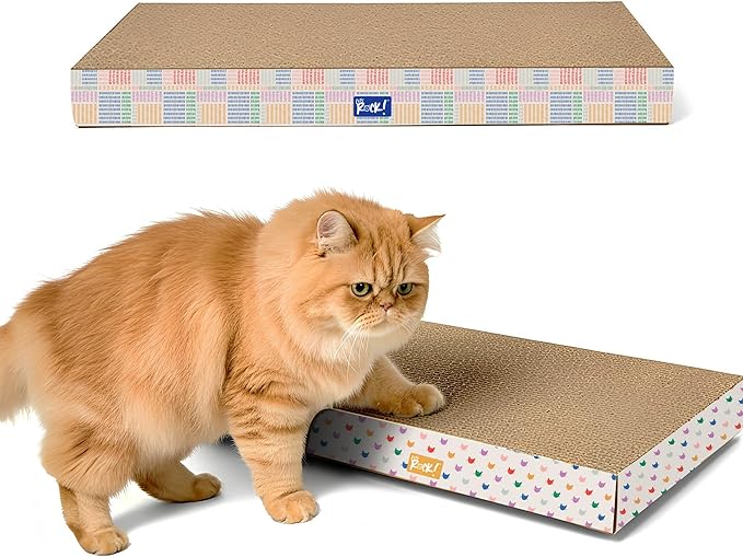 Cats Rock Scratching Board for Indoor Cats, Corrugated Cardboard Cat Scratcher with Catnip, Double-Sided Scratch Pad, Rectangle Scratcher Icon and Squares Design (Pack of 2)