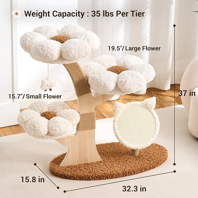 Aesthetic Flower Cat Tree Tower with Scratching Post for Indoor Cats, 37" Modern Cat Tree with Wood Sculpted Branch, Flower Cat Beds, Scratching Board & Interactive Squeaky Toy, Creamy White