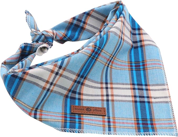 Lionet Paws Dog Bandana for Small Medium Large Dogs, Cat Kerchief Blue Plaid, Triangle Bibs Scarf for Girl or Boy