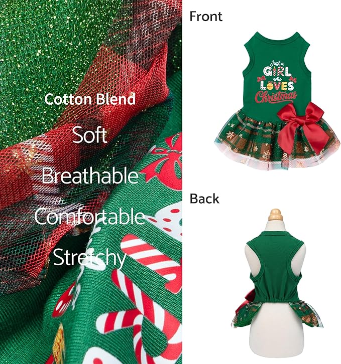 Fitwarm Just a Girl Who Loves Christmas Dog Tulle Dress, Funny Christmas Clothes for Small Dogs Girl, Holiday Pet Outfit, Red, White, Green, Yellow, XXS