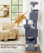 AMHANCIBLE Cat Tree, 70 Inch Cat Tower for Indoor Cats, Multi-Level Cat Tree with Scratching Post, Hammock, Hanging Basket, Large Cat Condos for Adult Cats Kittens, Grey, PT18GY