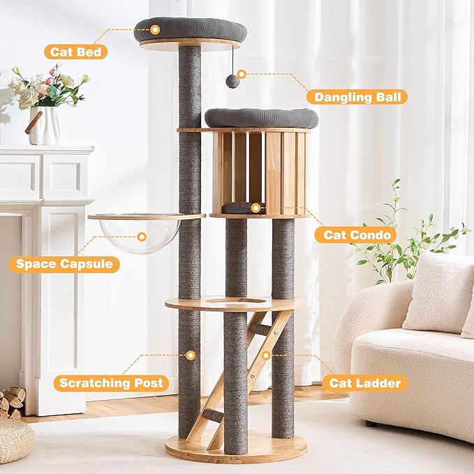 HITTITE Solid Wood Cat Tree Tower with Scratching Post, 61 Inches Tall Cat Towers with Capsule and Condo, Modern Cat Tower with Climbing Ladder and Removable Top Bed for Indoor Cats.Grey