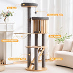 HITTITE Solid Wood Cat Tree Tower with Scratching Post, 61 Inches Tall Cat Towers with Capsule and Condo, Modern Cat Tower with Climbing Ladder and Removable Top Bed for Indoor Cats.Grey