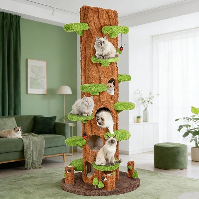 90.5 Inch Cat Tree for Indoor Cats, KAMABOKO Multi-Level Tall Cat Tower with Sisal-Covered Scratching Posts, Plush Perches, Hanging Toys & Spring Toys, Large Kitty Condo with Jumping Platforms
