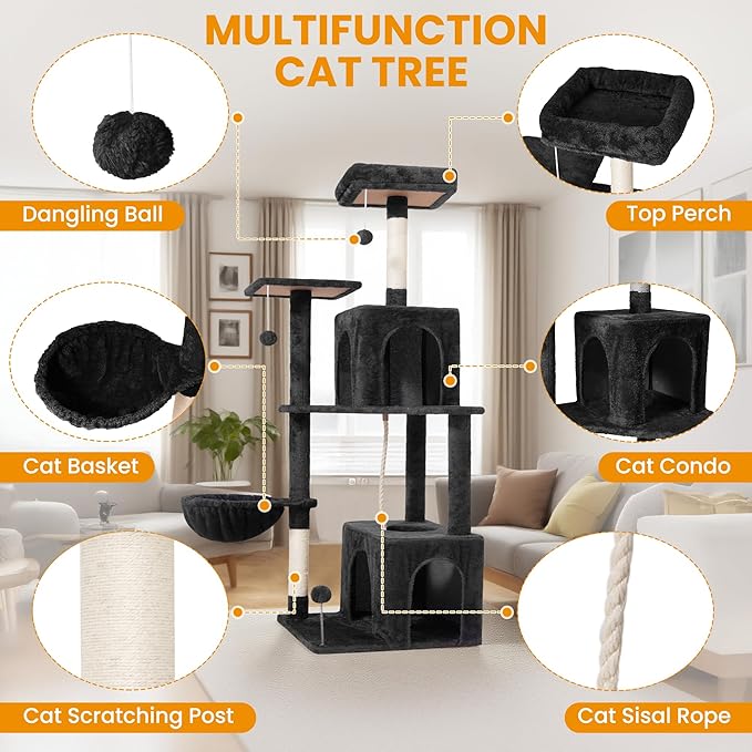 Cat Tree, 54-Inch Cat Tower for Indoor Cats,Plush Multi-Level Cat Condo with Scratching Posts, Basket, Perches,2 Caves,2 Pompoms(Black)
