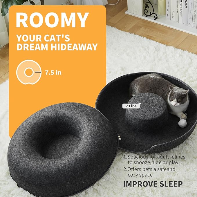 Peekaboo Cat Tunnel for Large Cats up to 10 lbs, Features A Jingle Ball, Removable and Washable Tunnel Bed, and a Cozy Donut Tunnel (Dark Grey, 20 Inches)