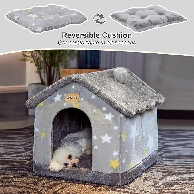 JIUPETY Cute Cat Beds for Indoor Cats, Foldable Cat House with Non-Slip Bottom, S Size Kitten Bed for 0-6 Lb Dogs and 0-8 Lb Cats, Grey