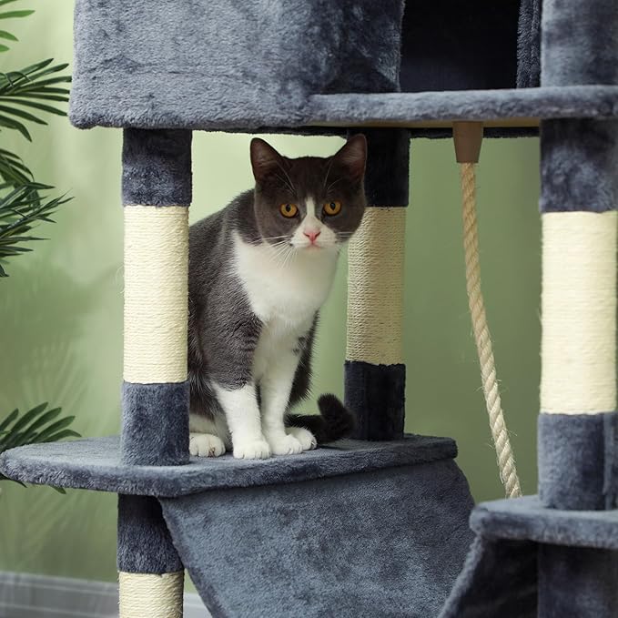 PawHut Cat Tree, 81" Cat Tower for Large Adults Indoor Cats with Cat Scratching Posts, Scratching Board, Cat Condos, Cat Beds, Hammocks, Multi-Level Platforms, Toy Balls & Rope Cat Toy, Dark Gray