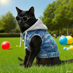 Cool Dog Jean Jacket Vest with D-Ring Blue Denim Dogs Hoodies Outfits for Small Medium Dogs Cats Boy Male Dog Clothes Costume Dogggie Puppy Harness Coat for Frenchie Walking(Grey Hat,S)