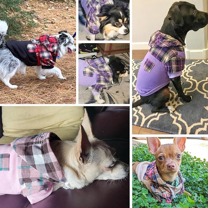 Plaid Dog Hoodie and Sweatshirt, Soft Fleece Pullover with Hat and Leash Hole, Puppy and Bulldog Sizes S M L