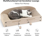 FUKUMARU 26 Inch Cat Scratcher Bed, 2 Reversible Cardboard Cat Scratch Pads Refill for Indoor Cats, Durable Large Cats Scratching Bed Sofa Couch Lounger with Fun Toys, Furniture Protector, Beige