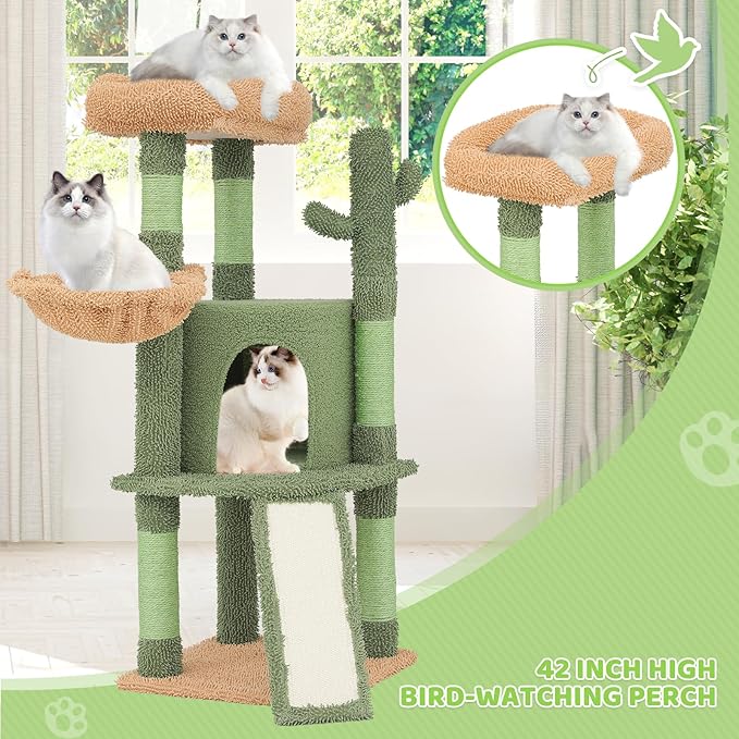 Magshion 42" Cactus Cat Tree, Multi-Level Cat Tower for Indoor Cats with Scratching Posts, Ramp, Top Perch, Side Basket & Platforms, Cat Climbing Tower Kittens Pet Play House