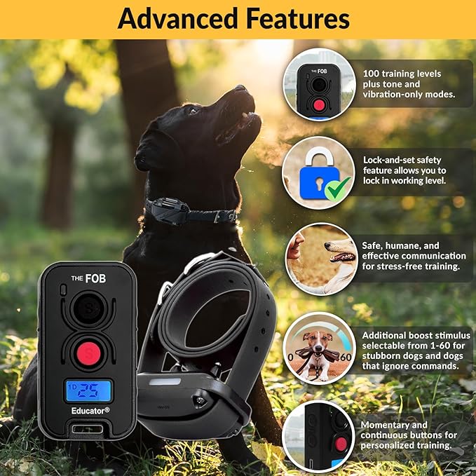 Educator FOB 300 Yard Dog Training Collar with Remote–Humane Stimulation, Pavlovian Tone & Vibration–Waterproof Rechargeable Receiver–Secure Biothane Collar–for Dogs 10 lbs+–1 Dog System–Black