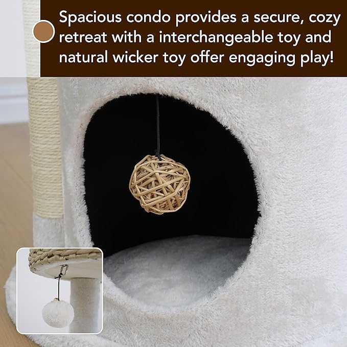 PetPals 4-Level Multi-Activity Cat Tree with Base Condo,Handwoven Paper Rope Top Nest Bed, Replaceable Sisal Scratching Posts,Teaser Toy (Cream and Beige)