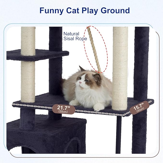 Cat Tree for Indoor Cats Large Adult, 70.5'' Cat Tower with Scratching Post, Sturdy Steel Pube Cat Tree Tower with Large Playing Platfrom, Hammock and Basket, Top Perch, Drak Gray GCT024G
