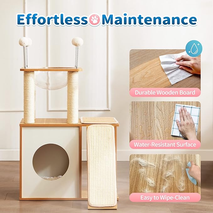 Made4Pets Cat Tree for Indoor Cats, Modern Cat Tower Tall for Large Cats Kitten, Wood Kitty Condo Climbing Furniture Heavy Duty, Vesper Cute Castle with Scratching Post and Ramp
