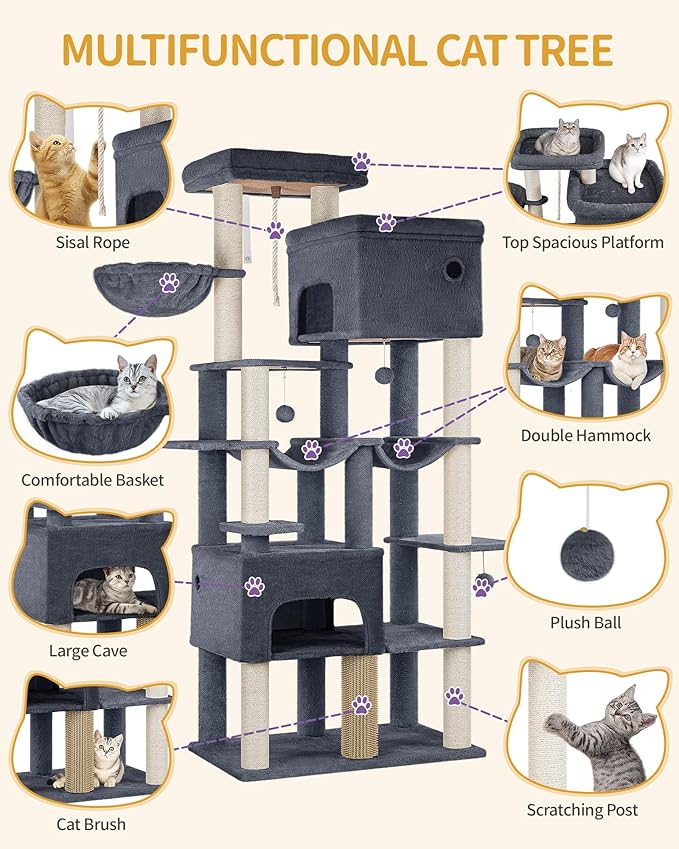Cat Tree, 200cm XXL Cat Tree with 10 Scratching Posts, 2 Caves, 2 Hammocks, Large Platform, Cat Brushes, Basket, Heavy Duty Cat Tree for Maine Coons, Large Cats, Dark Grey MS20018SG