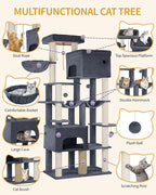 Cat Tree, 200cm XXL Cat Tree with 10 Scratching Posts, 2 Caves, 2 Hammocks, Large Platform, Cat Brushes, Basket, Heavy Duty Cat Tree for Maine Coons, Large Cats, Dark Grey MS20018SG