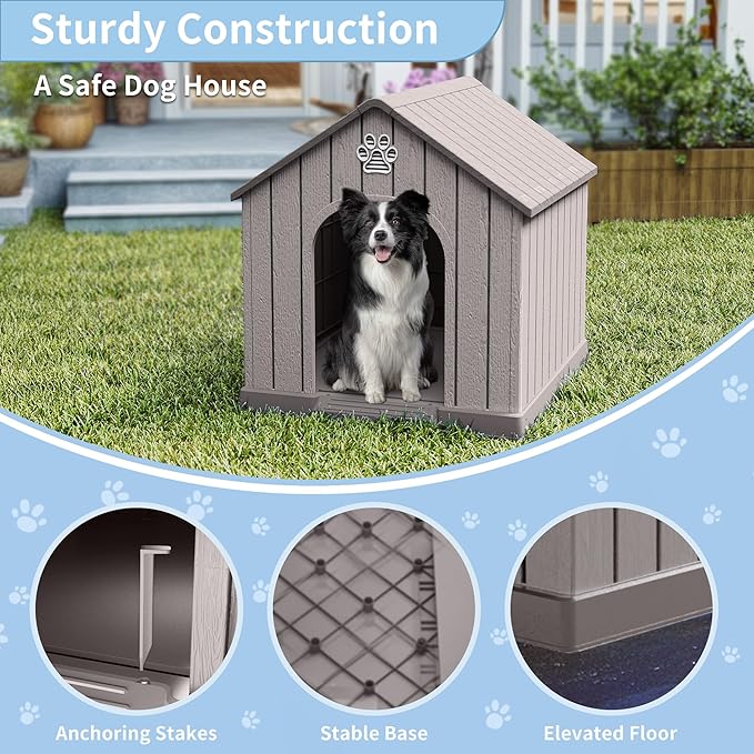 Dog House Outdoor Weatherproof，Waterproof Resin Outside Dog House with Elevated Floor and Air Vents, Durable Doghouse for Samll Medium Large Dogs (Light Grey, 38.62" L×36.26" W×38.07" H)