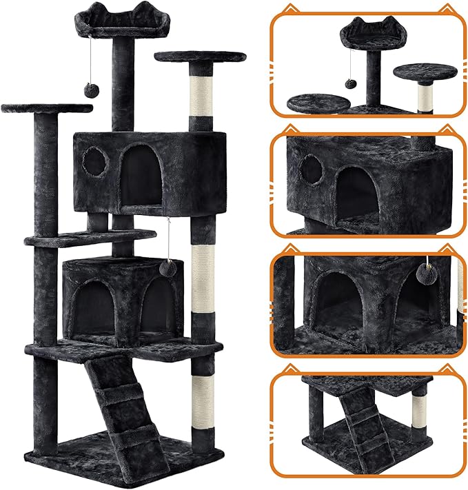 Topeakmart 61in Cat Tree for Indoor Cats, Cat Tower with Scratching Posts Spacious Perch & Platform for Kittens, Black