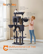 Feandrea Cat Tree, 69-Inch Tall Cat Tower, Multi-Level Plush Condo with 2 Caves, 2 Baskets, 5 Scratching Posts, Self-Groomer, Perch, Hammock, Dark Gray UPCT182G02