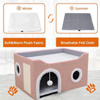 Cat Houses for Indoor Cats - Large Cat Bed Cave with Scratch Pad and Fluffy Ball, Foldable Cat Condo Hideaway with Reversible Cushion for Multi Small Pet, Pink