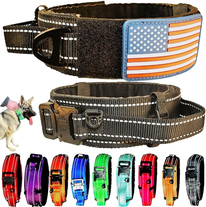 2-Inch Wide Tactical Dog Collar with Control Handle, Adjustable for Medium & Large Dogs, Military Style with Heavy-Duty Metal Buckle, USA Flag Patch & Customizable Name Plate, Training & Everyday Use