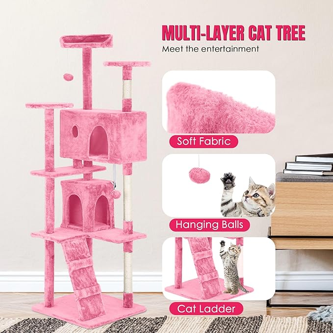 24/7 Shop at Home Court 70 inch Multi-Level Cute Cat Tree Tower with Dangling Ball and Scratching Posts for Indoor Cats Adults, Kitten Supplies, Pet House, Pink
