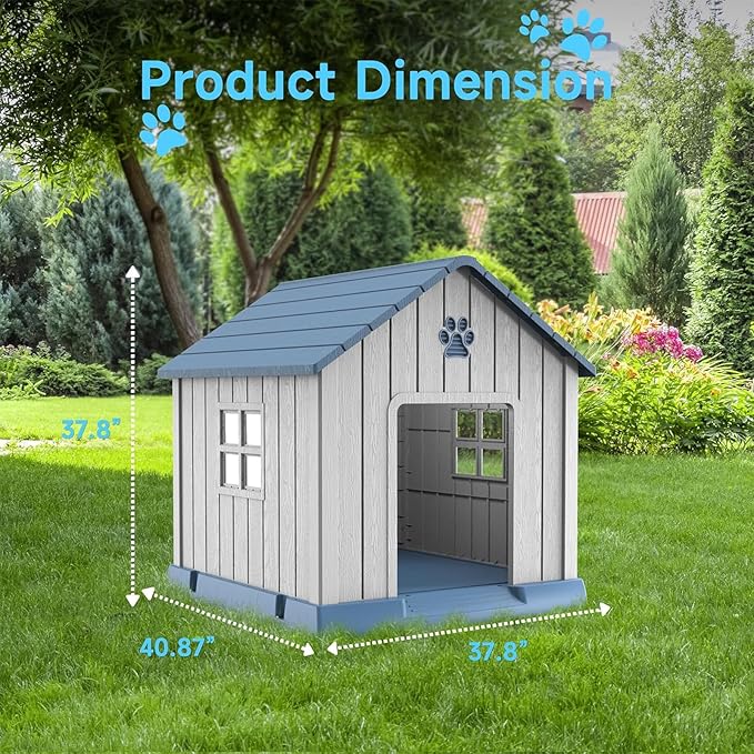 VIXZEN Dog House Outdoor, 38 Inches Weatherproof Resin Dog House Indoor Large with Air Vents & Elevated Floor, Doghouse Outdoor for Large Dogs, Easy Assembly, Versatile Storage Functionality (Blue)