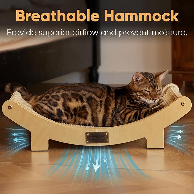 FUKUMARU Cat Scratcher Bed Sisal, 23.6 Inch Durable Scratching Bed for Indoor Cats, Large Cat Scratch Pad, Natural Sisal Hammock, Solid Wood Frame Lounger Chair for Sleep & Scratch (Wood)