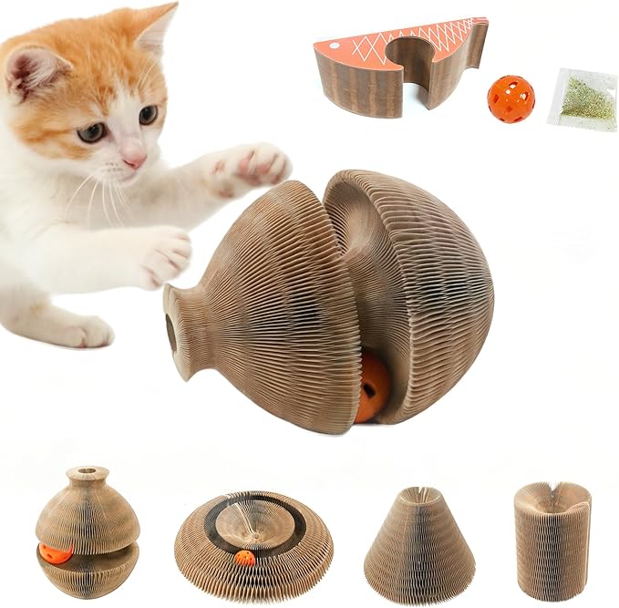 Magic Organ Cat Scratcher, Kitty Kurlz Cat Toys Cardboard Cat Scratching Board, Interactive Cat Toys for Indoor Cats, Mental Physical Exercise Cat Toys with Bell Ball