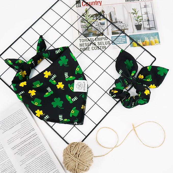 E-Clover St Patrick Dog Bandana Boy & Matching Scrunchie-Shamrock Dog Bandanas Irish Pet Scarf Bib for Medium Large Dogs Girl Owner Gift Dark Green