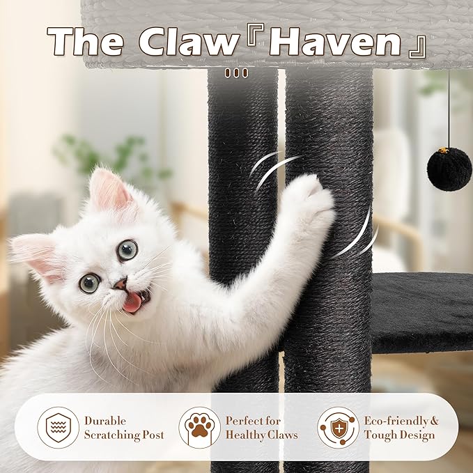 Black Cat Tree, 39" Tall Cat Tree Tower for Cats, Modern Cat Condo with Scratching Posts, Multi-Level Solid Wood Tower & Top Perch, Cat Furniture for Big Cats