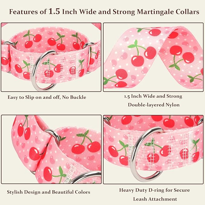Martingale Dog Collar 1.5 Inch Wide - Pink Cherry Blossom Adjustable Nylon No-Pull Training Collar for Large Dogs, Secure Design for Walking, Hunting & Outdoor Use (Large)