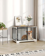 39.4" Heavy Duty Dog Crate Furniture with Barn Door, Wood Indoor Dog Crate Kennel for Small/Medium/Large Dogs, End Side Table, TV Stand, Anti-Chew Anti-Escape, White Brown DFC02314B