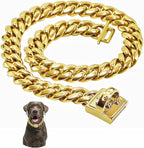 Gold Chain Dog Collars 15MM Stainless Steel Cuban Link Chain Collar with Secure Buckle Design, Metal Walking Training Collars, Chew Proof, Suitable for Small Medium Large Dogs (Gold,14'')