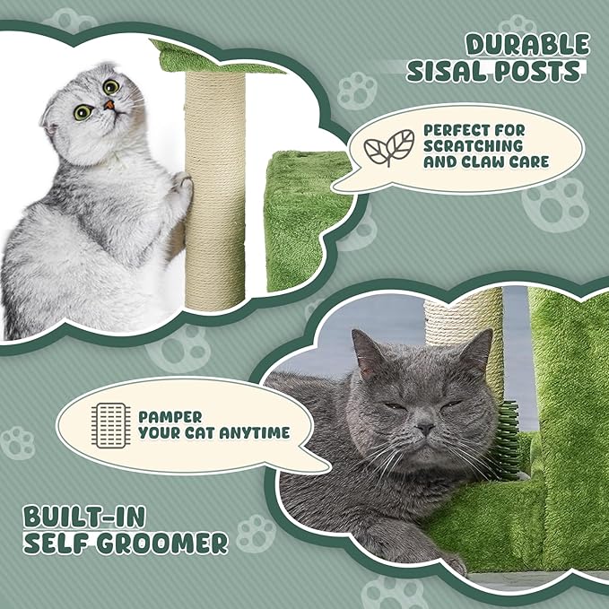 Magshion 32" Cat Tree for Kittens and Senior Cats, Leaf-Themed Small Cat Tower with Scratching Posts, Cozy Condo, Low Perch & Hanging Toys for Indoor Cats, Space-Saving Cat House, Green