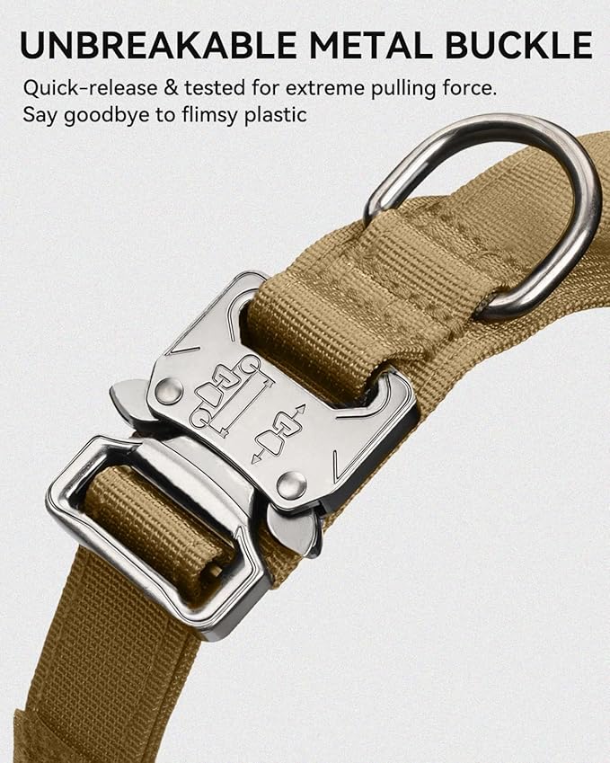 Joytale Tactical Dog Collar with Handle and Metal Buckle, Heavy Duty Padded Military Collar with 2 Patches for Training, Adjustable for Medium Dogs, Khaki, M