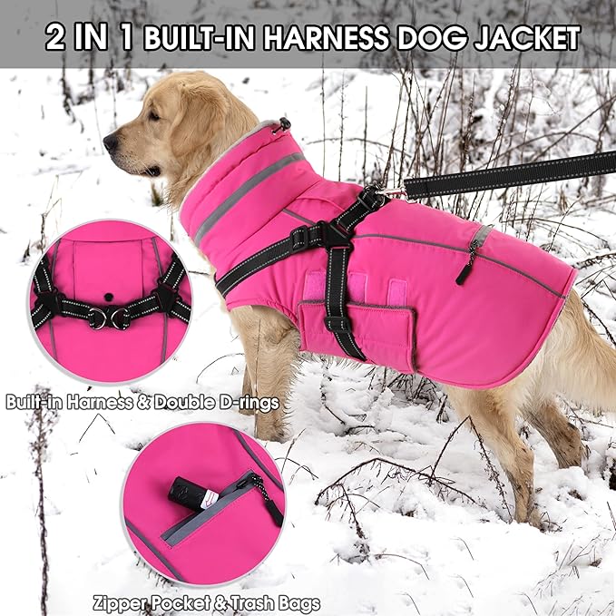 PETDSH Dog Coat Medium, Built-in Harness Dog Jacket with Warm Fleece Lining, Waterproof Reflective Dogs Winter Coat, Pet Coats with Pocket and Trash Bags (Pink, Medium)