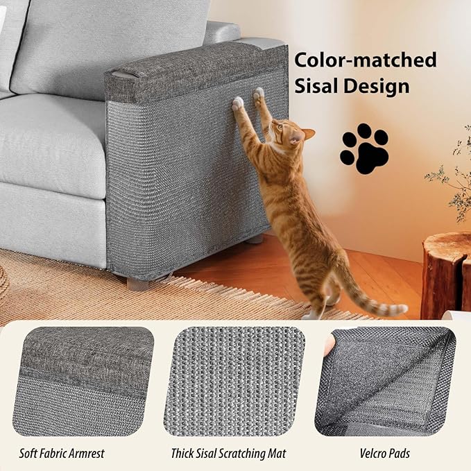 Cat Scratch Protector for Sofa - Larger Couch Protector from Cat Claws Fit for Both Arm Side of Sofa,Couch Corner Scratcher with Expanded Coverage Color-Matched Sisal Pad Universal Fit (Dark Grey)