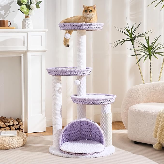 Wood Modern Cat Tree for Large Cat, 46" Tall Cat Tower with Scratching Posts, Cat Condo, Aesthetic Multi-Level Cat Climbing Tree with Hand-Woven Bed for Adult Indoor Cats-Purple