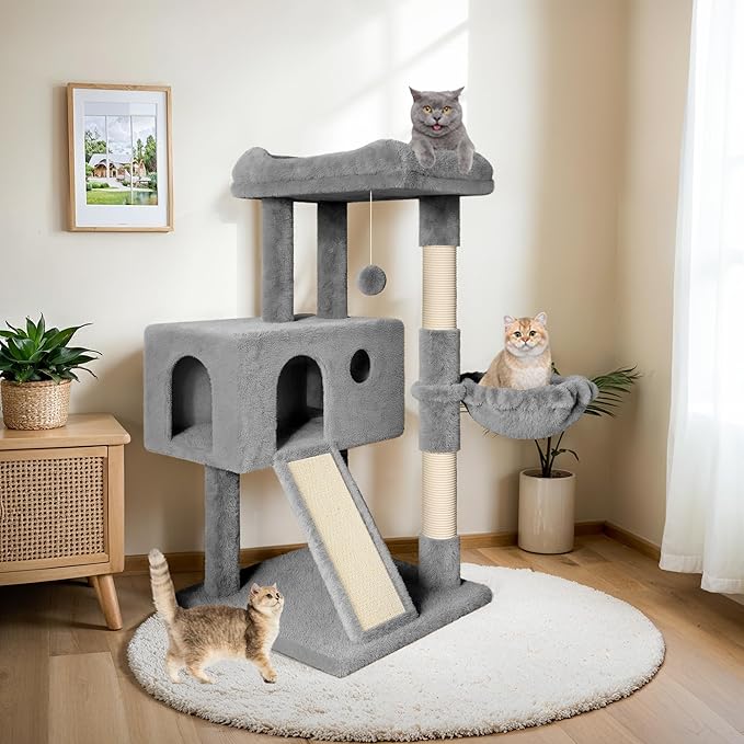 HOOMIC 36" Cat Tree for Indoor Kitty, Multi-Level Condo with Sisal Scratching Posts and Board, Cozy Hammock, Padded Plush Perch for Kittens, Grey