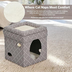 MidWest Homes for Pets Feline Nuvo Curious Cat Cube, Foldable Cat Hideout with Toy, Bolstered Bed Top, Mushroom Diamond, Faux Fur