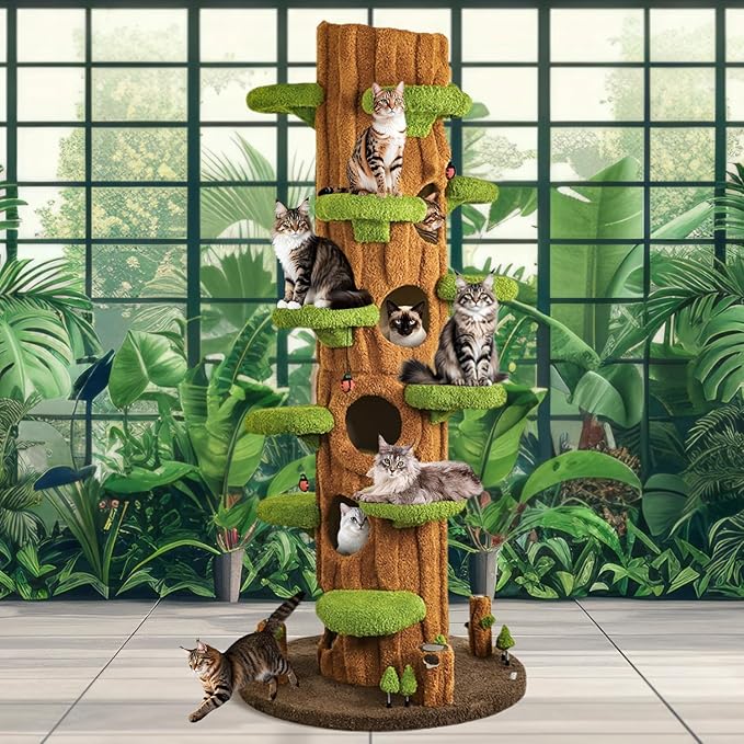 90.5'' Luxury Cat Tree for Indoor Cats, All-in-One Tall Cat Tower with Scratching Post, Multi-Level House, Wood Condo for Multi-Cat Families (Green)