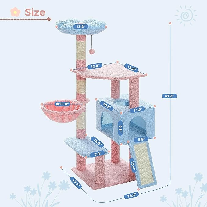 47.3" Flower Cat Tree, Multi-Level Cat Tower with Sisal Covered Scratching Posts Cute Cat Condo for Indoor Small Medium Cats Top Perch (Blue)