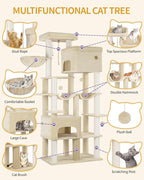 Cat Tree, 78.7" XXL Cat Tree with 10 Scratching Posts, 2 Caves, 2 Hammocks, Large Platform, Cat Brushes, Basket, Heavy Duty Cat Tree for Maine Coons, Large Cats, Beige MS20018YL