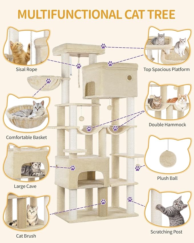 Cat Tree, 78.7" XXL Cat Tree with 10 Scratching Posts, 2 Caves, 2 Hammocks, Large Platform, Cat Brushes, Basket, Heavy Duty Cat Tree for Maine Coons, Large Cats, Beige MS20018YL